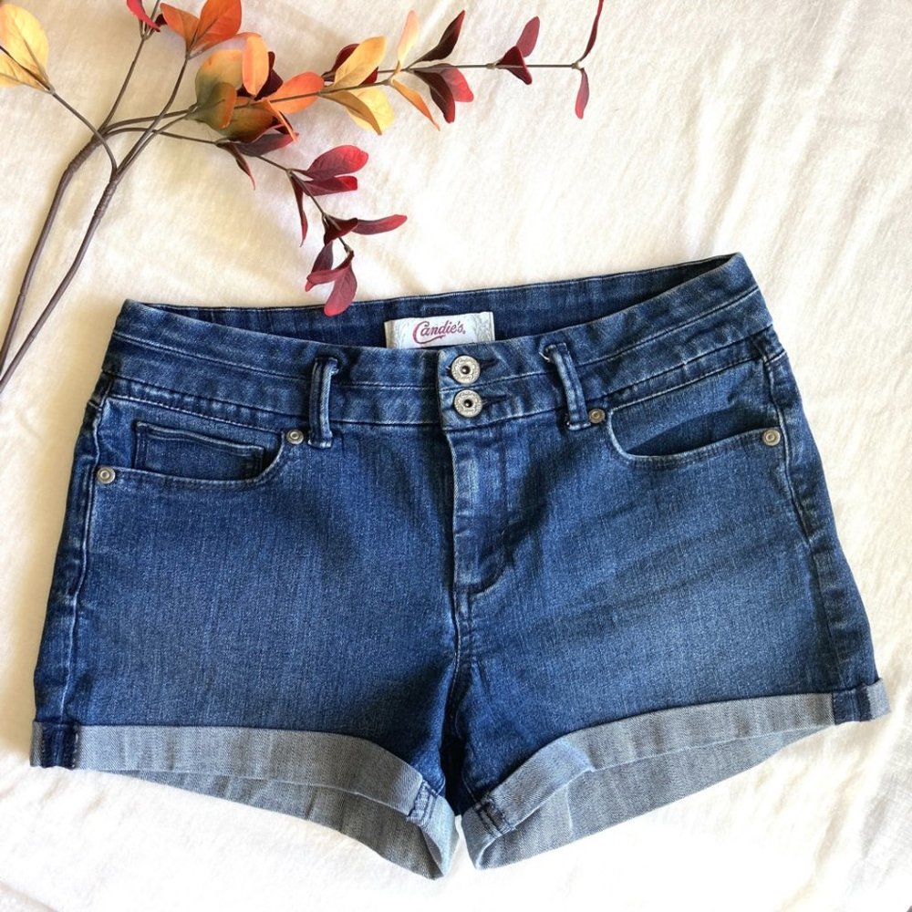 :  Candie's 2.5" Cuffed Denim Shorts Double Button Wide Waistband Stretch Size 7